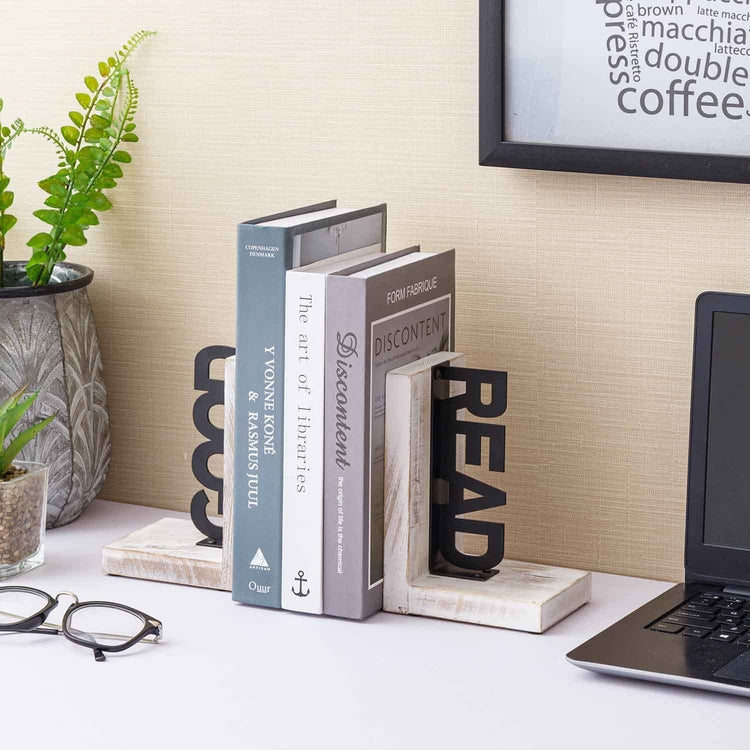 L-Shaped Decorative Bookends, Whitewashed Wood and Matte Black Metal Book Holders with GOOD and READ Block Letter Design-MyGift