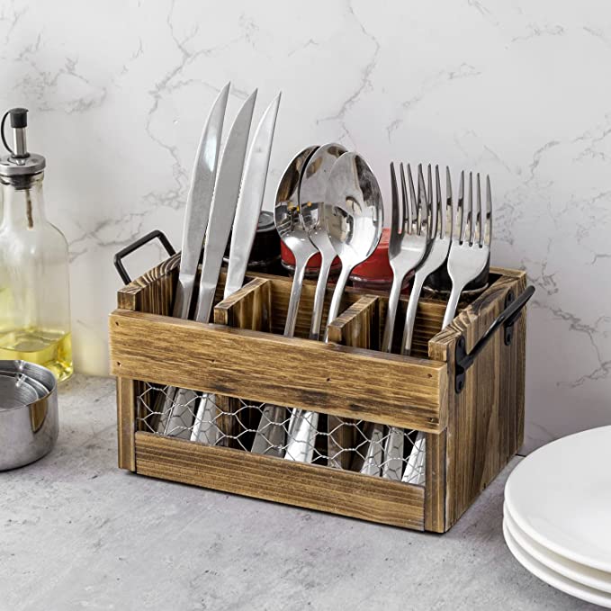 Brown Wood Utensil Holder & Napkin Rack with Black Metal Carry Handles and Chicken Wire Front Panel-MyGift