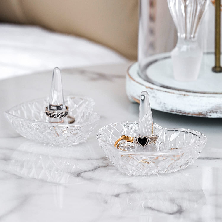 Set of 2, Vintage Heart Design Clear Glass Ring Dish, Jewelry Holder Tray-MyGift