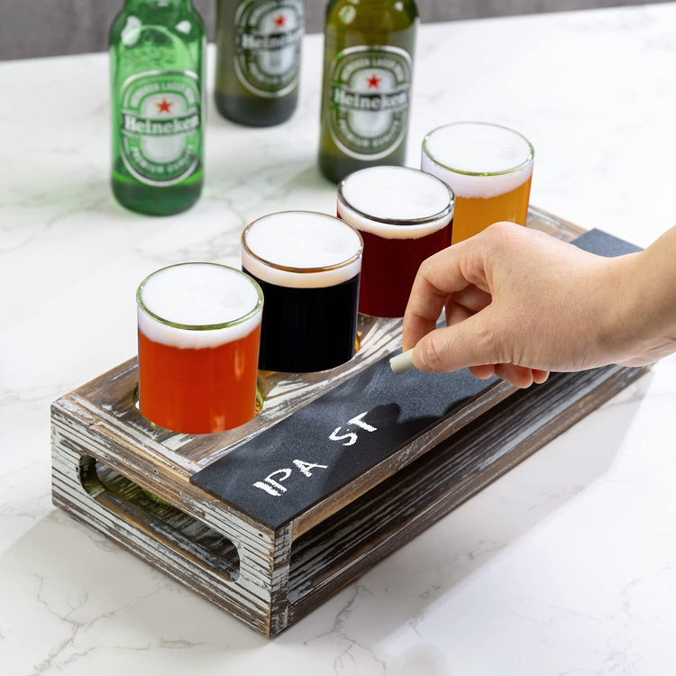 Beer Sampler Tray Torched Wood Serving Set with 4 Glasses and Erasable –  MyGift