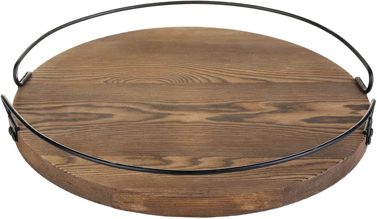 Burnt Wood Round Rotating Lazy Susan Style Display Tray with Black Metal Wire Rim-MyGift