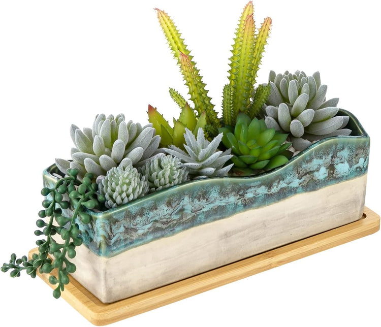 CACTUS IN CERAMIC MATTE BLACK POT W/NATURAL WOOD BASE – Montana Rustic  Accents