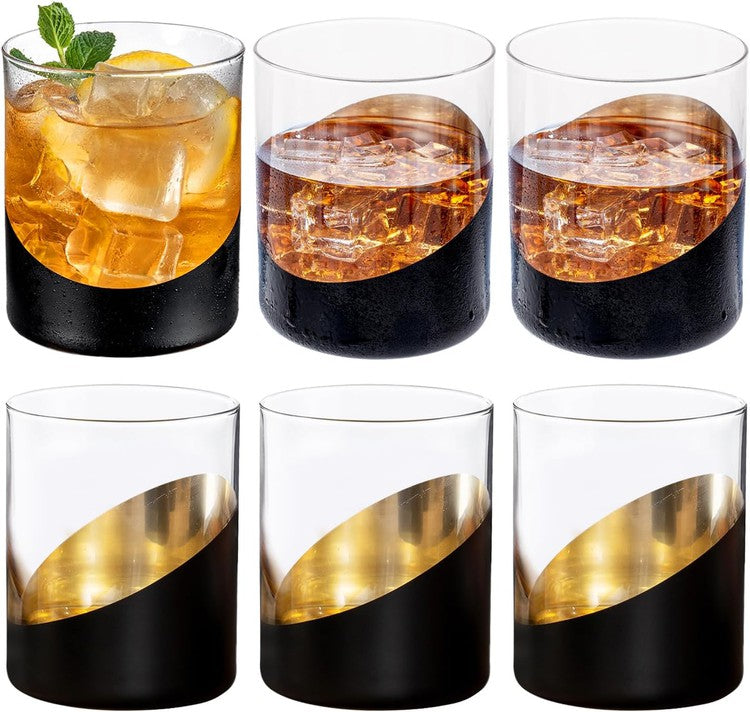 Black and Gold Cocktail Glasses, Old Fashioned Lowball Whiskey Rocks Drinking Glass, Set of 6-MyGift