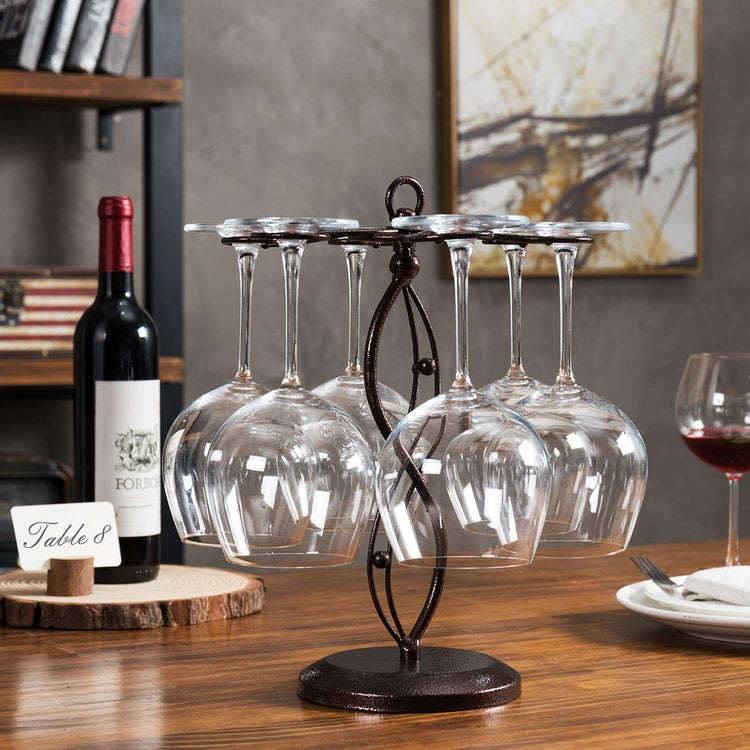 Bronze Metal Scrollwork Tabletop Stemware, Wine Glass Rack with 6 Hooks-MyGift