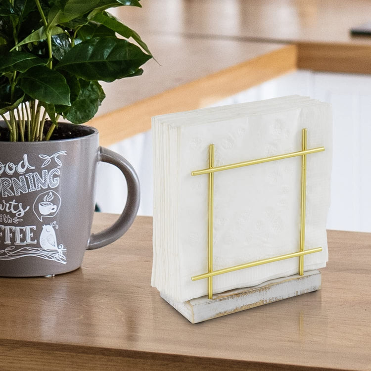 Brass-Tone Wire Metal Upright Napkin Holder with White Weathered Base, Napkin Holder-MyGift