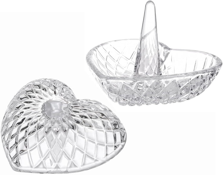 Set of 2, Vintage Heart Design Clear Glass Ring Dish, Jewelry Holder Tray-MyGift