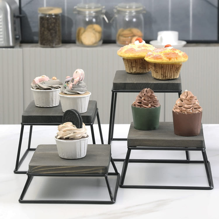 Set of 4, Dessert Display Stands, Weathered Gray Wood and Black Metal Cupcake Pedestal Stands-MyGift