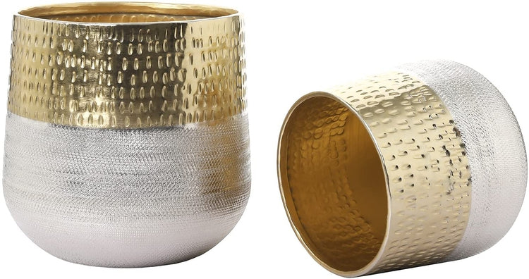 Set of 2, Round Indoor Planter Pot, Hammered Brass and Milled Embossed Silver Tone Metal Planter Vase-MyGift