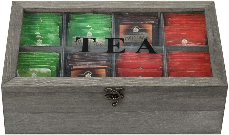 8 Compartment Gray Wood Tea Bag Storage Box Chest with Clear Acrylic Lid-MyGift