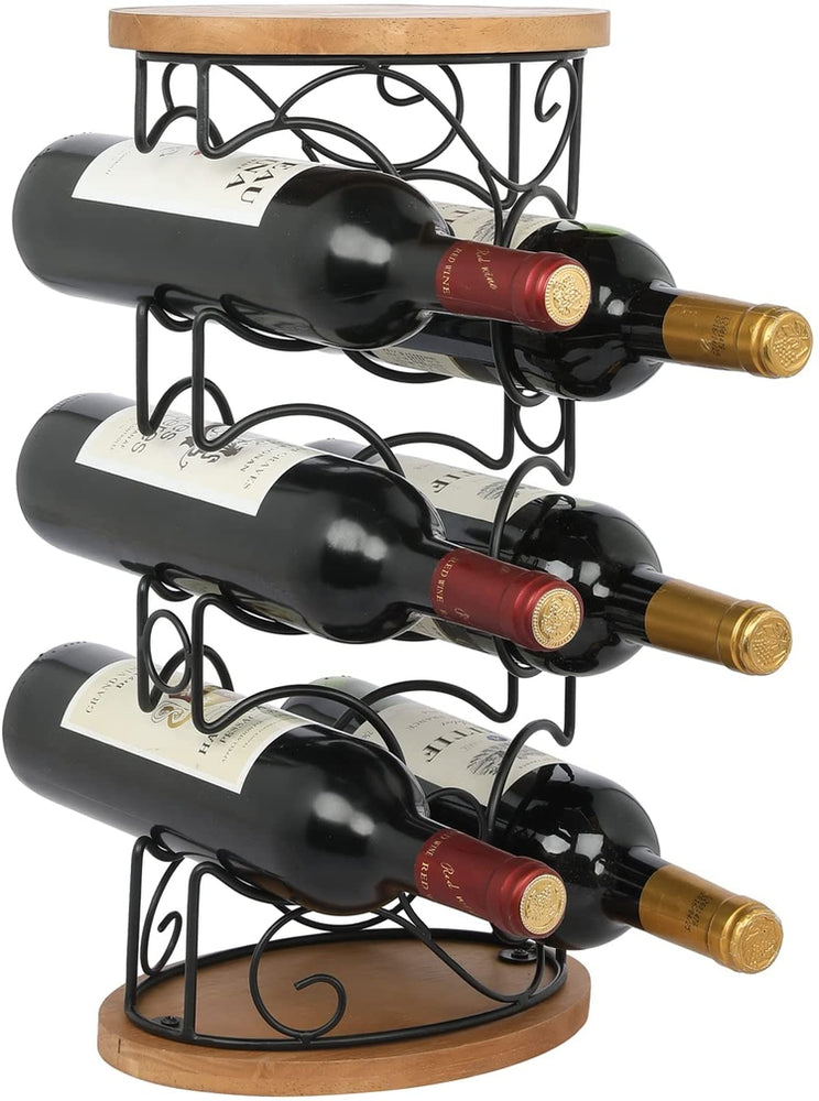 Wood Countertop Wine Rack with Black Metal Scrollwork Design, Decorative Wine Bottle Holder, Holds 6 Bottles-MyGift