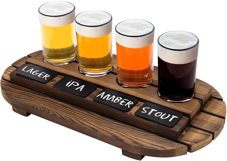 Beer Sampler Tray Torched Wood Serving Set with 4 Glasses and