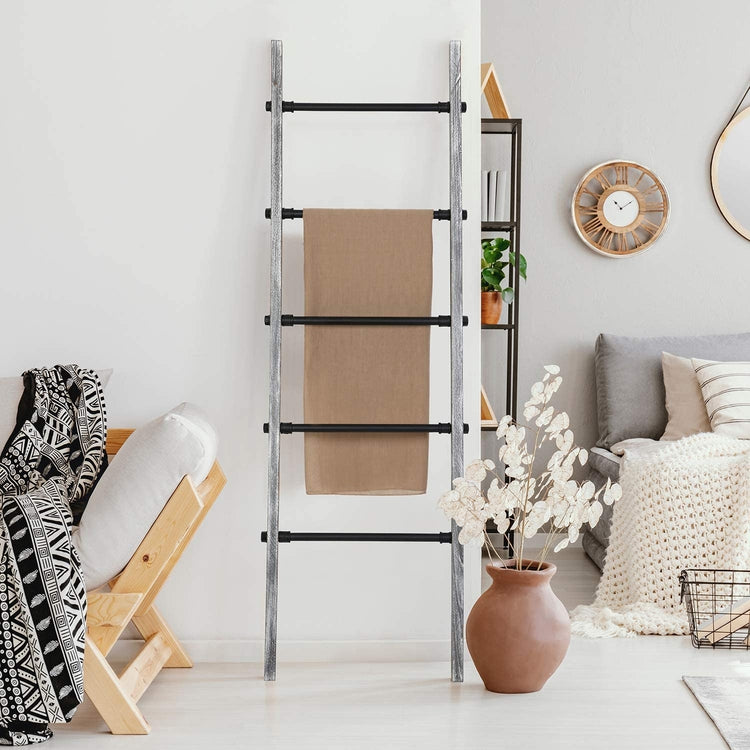 5-ft Wall-Leaning Gray Whitewashed Wood and Metal Pipe Towel and Blanket Ladder Rack-MyGift