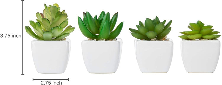 Set of 4 Mini Artificial Succulent Plants in White Ceramic Planter Pots-MyGift