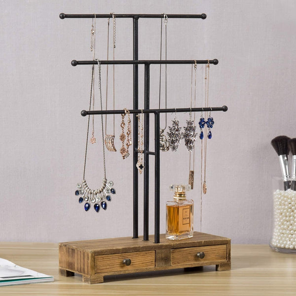 Black Metal T-Bar Jewelry Display Stand and Wooden Ring Drawers – MyGift