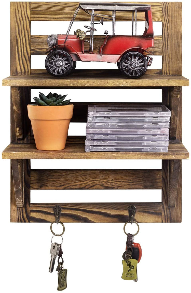 MyGift 2 Tier Wall Mounted Solid Brown Wood Floating Shelf with Metal Frame and 5 Sliding Hooks, Industrial Rustic Bathroom and Kitchen Display