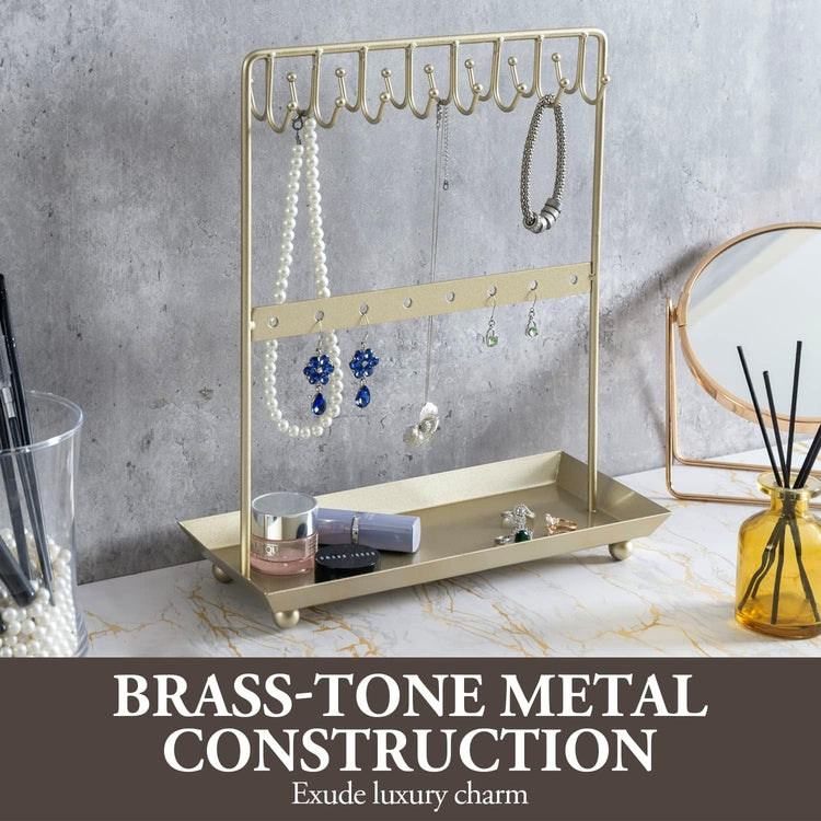 Brass Tone Metal Jewelry Organizer Stand, Hooks for Hanging Necklaces or Bracelets, Earring Hanger Rail, Ring Tray Base-MyGift