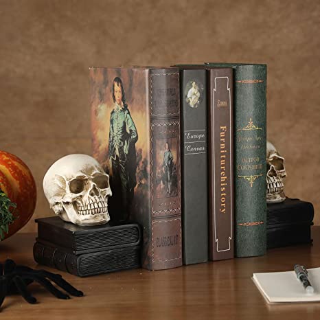 Skull on Black Stacked Books Bookends, Resin Skeleton Human Head Statue Halloween Décor-MyGift