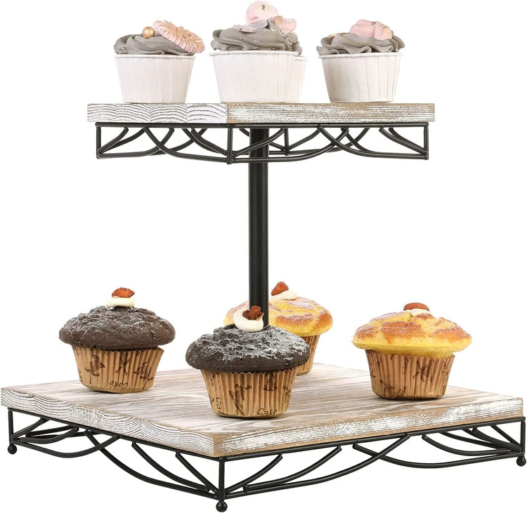 2 Tier Whitewashed Wood Cupcake Holder Stand with Black Metal Wire Trim Dessert Riser Tray-MyGift