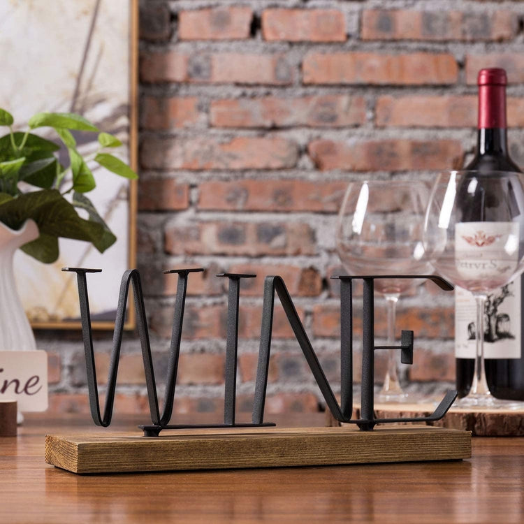 Black Metal WINE Decorative Letter Sign on Rustic Burnt Wood Base, 12 Inch-MyGift