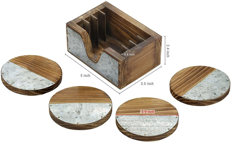 Burnt Wood and Galvanized Round Metal Rustic Farmhouse Coasters with  Holder, Set of 4