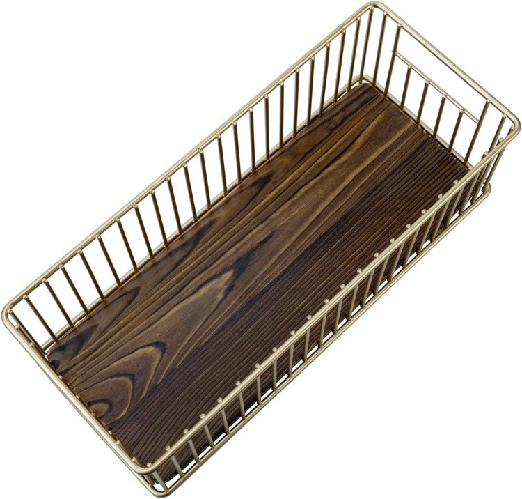 Brass-Tone Metal Wire Toilet Paper Holder Basket with Burnt Wood Base,  Toilet Tank Top Organizer Tray Toiletries Storage