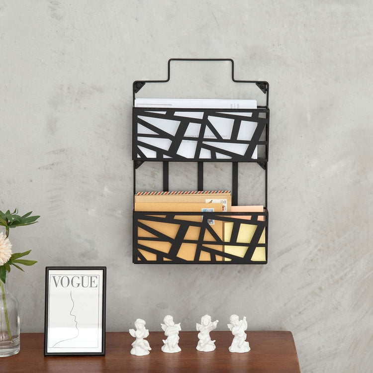 Black Metal 2 Tier Mail Holder Wall Mounted Storage Basket Letter Orga –  MyGift