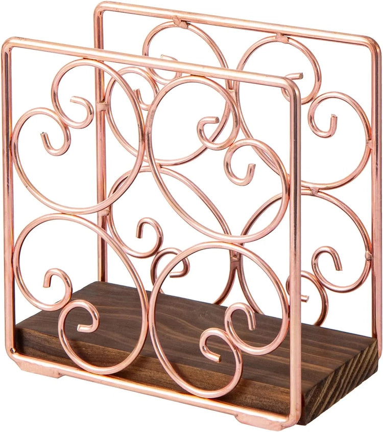 Copper Tone Metal Wire Napkin Holder with Burnt Wood Base, Upright Serviette Dispenser Rack with Scrollwork Design-MyGift