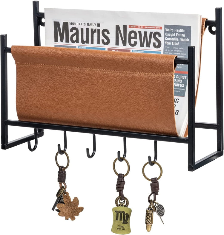 Industrial Black Metal Hanging Magazine Rack with Leatherette Sling, Wall Mounted Entryway Mail Holder and Key Hanger-MyGift