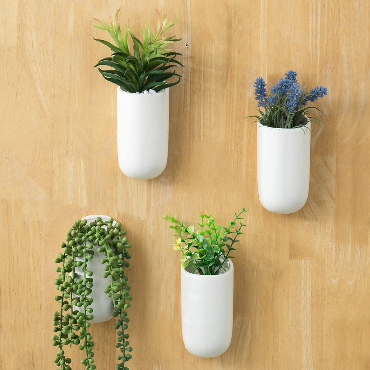 Set of 4, Matte White Ceramic Wall Mounted Cylindrical Succulent Flower Planter Pots-MyGift