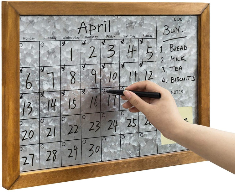 Wall Mounted Galvanized Silver Metal Dry Erase Board Calendar with Brown Wooden Frame-MyGift