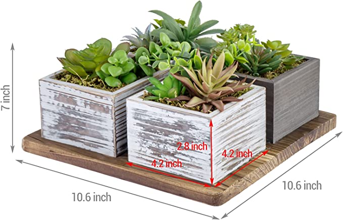 Rustic Wood Planter Boxes and Base Tray, Decorative Artificial Succulent, 5 Piece Set-MyGift