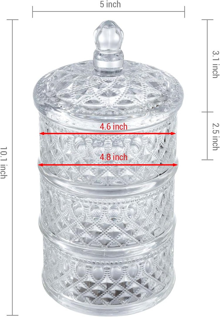 MyGift 3 Tier Vintage Embossed Diamond Cut Pattern Clear Glass Stacking Storage Container with Lid, Decorative Apothecary Jar, Candy Dish, Party