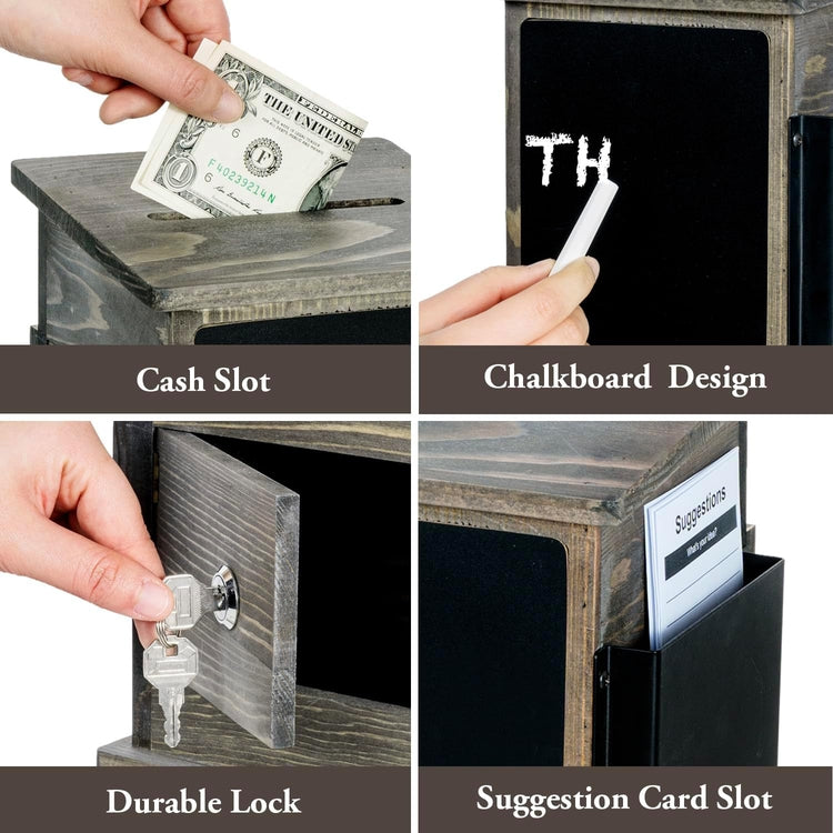 Wall Mountable Gray Wood Suggestion Box, Collection Drop Box w/ Chalkboard Label Sign, Top Slot, Lock, and Keys-MyGift