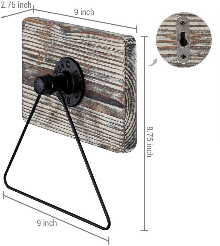 Rustic Torched Wood and Black Industrial Metal Pipe and Triangular Wire Wall Mounted Hand Towel Holder-MyGift