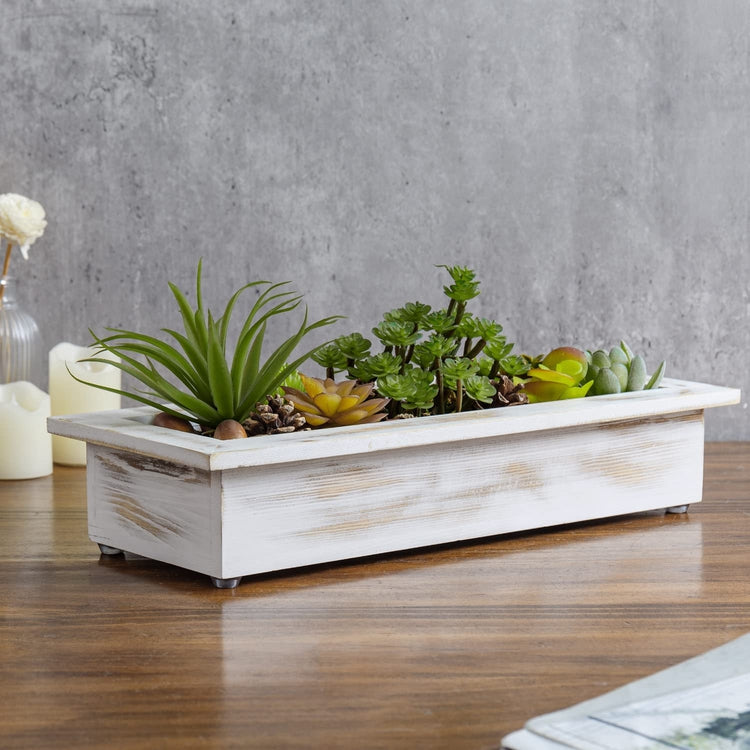 Whitewashed Wood Tabletop Window Box Trough Planter, Includes DIY Artificial Succulents, Pine Cones, Acorns, Moss Filler-MyGift