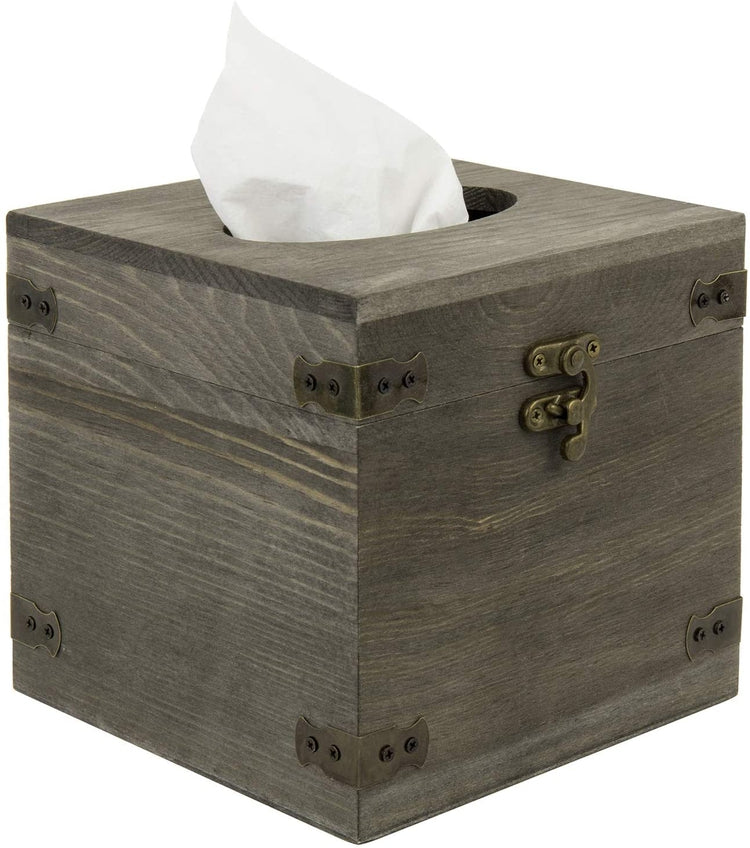 Burnt Brown Wood Square Facial Tissue Box Cover with Hinged Lid