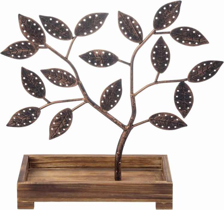 Earring Storage Rack Organizer, Bronze Finish Metal Jewelry Tree with Wooden Ring Tray Trinket Holder-MyGift