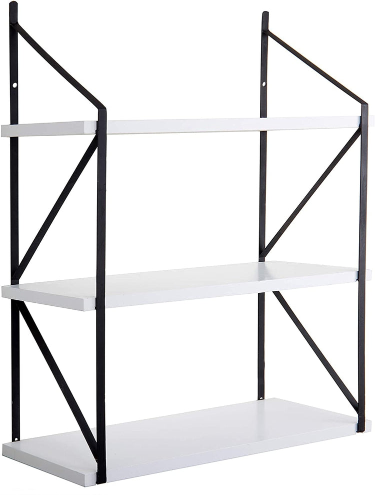 3-Tier White Wood Hanging Wall Shelf with Black Metal Brackets