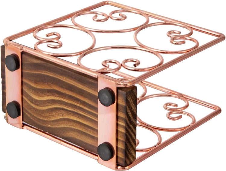 Copper Tone Metal Wire Napkin Holder with Burnt Wood Base, Upright Serviette Dispenser Rack with Scrollwork Design-MyGift