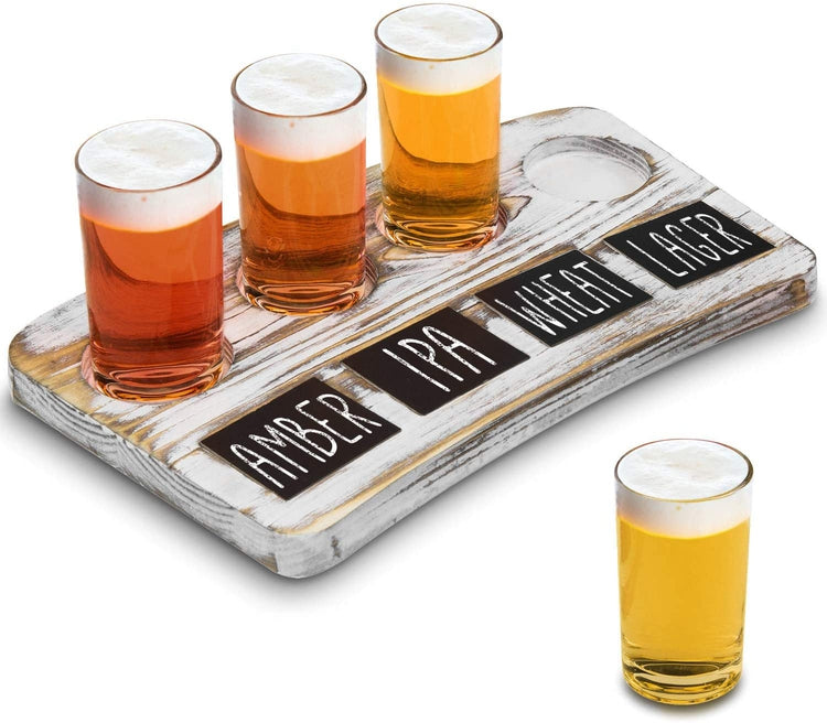 4 Glass Beer Flight Serving Tray with Whitewashed Wood Board and Black  Metal Handles, Chalkboard Label, Sampling Glasses