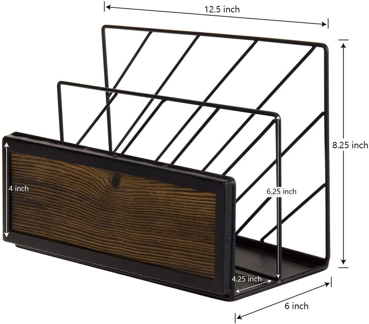 Black 2-Slot Metal Wire & Burnt Wood Tabletop Mail Sorter Rack