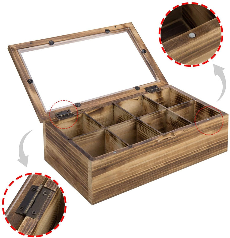 Burnt Wood Tea Bag Storage Box with 8-Compartments, Clear Display Lid, and Magnetic Closure-MyGift