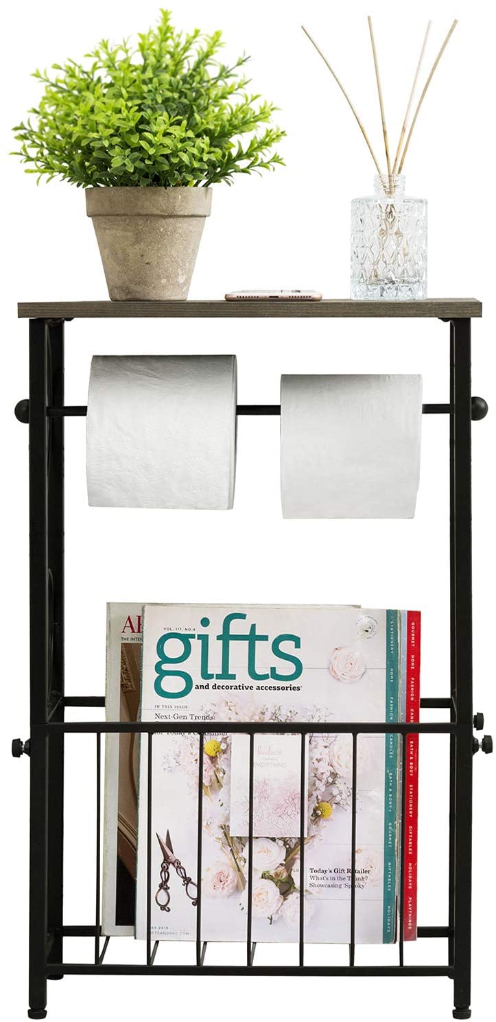 Dual-Roll Torched Wood & Black Metal Toilet Paper Holder with Shelf