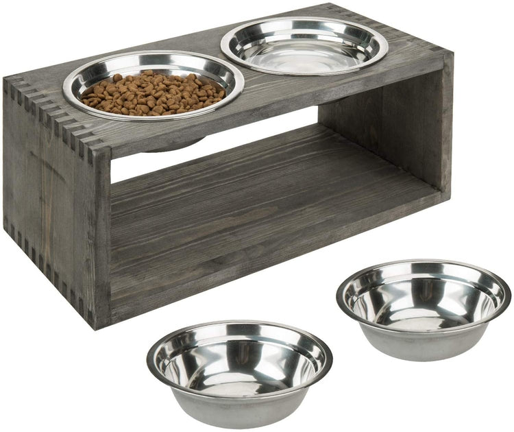 Elevated Wood Cat Feeder - Small Dog Feeder- with Stainless Steel