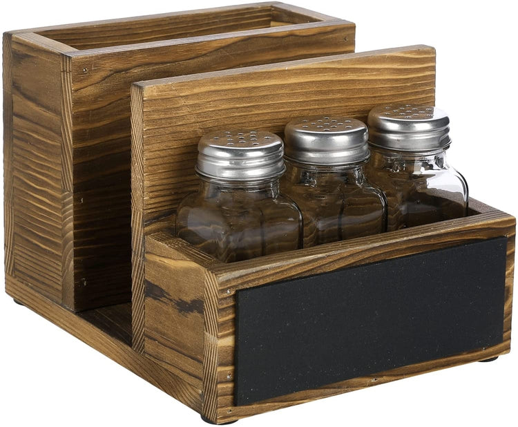 All-in-one Brown Wood Condiment Serving Caddy with Napkin Holder, Dining Utensil Organizer, 3 Salt & Pepper Shakers and Chalkboard Surface-MyGift