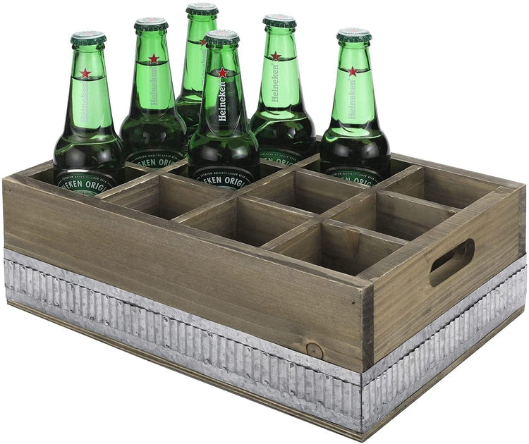 Rustic 12 Slot Beer Bottle Serving Crate with Carrying Handles