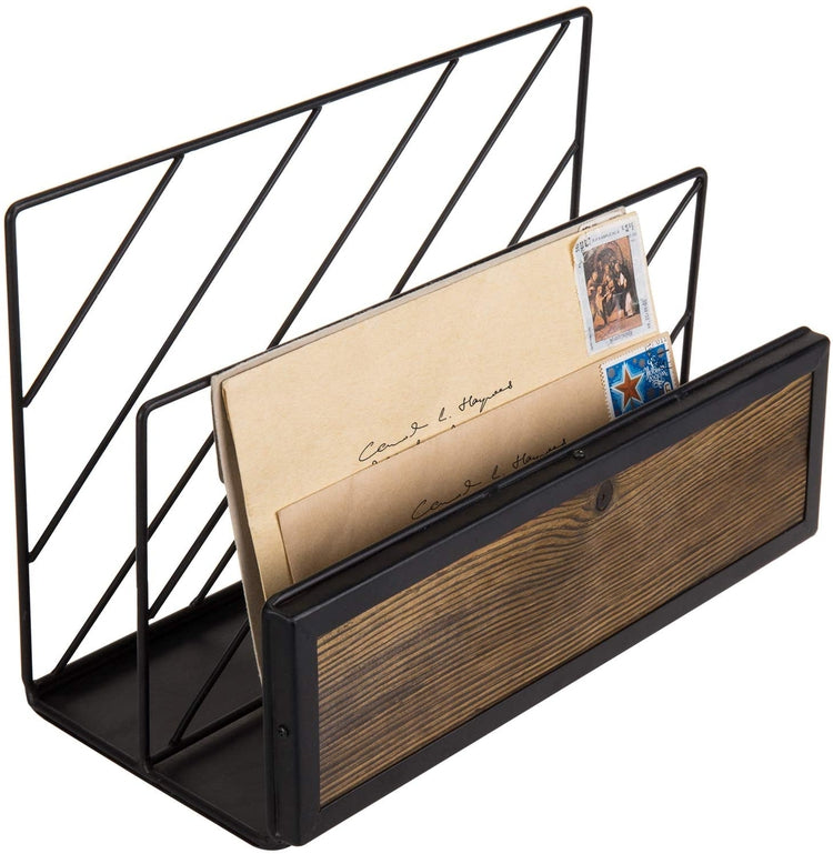 Black 2-Slot Metal Wire & Burnt Wood Tabletop Mail Sorter Rack