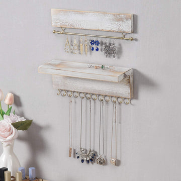 2 Piece Wall Mounted Jewelry Bar and Shelf with 12 Hooks for Necklaces ...