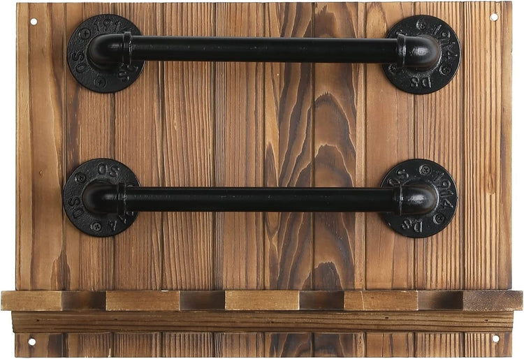 Wall Mounted Baseball and Bat Display Rack with Burnt Wood and 2-Tier Industrial Black Metal Pipe Storage Rails-MyGift