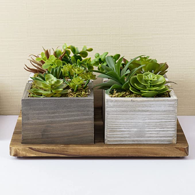 Rustic Wood Planter Boxes and Base Tray, Decorative Artificial Succulent, 5 Piece Set-MyGift